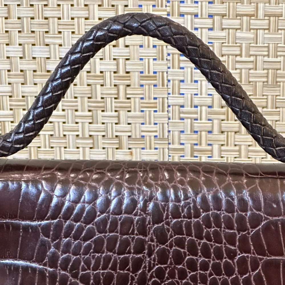 🌟7xHP🌟VTG 90s Brighton Croco Embossed Brown & Black Leather Organizer Wallet Bag - Picture 3 of 15